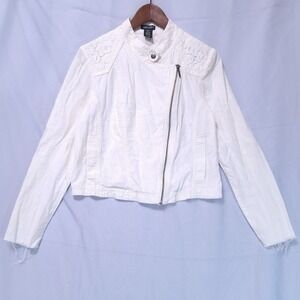 Stoosh Linen Blend Lace Inset Moto Jacket Womens L White Asymmetrical Zip Layer